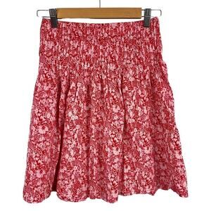 Burberry London Red Floral Pleated Ruffle Midi Flowy Skirt Size 2 100% Cotton